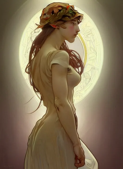 Prompt: digital character concept art by artgerm and greg rutkowski and alphonse mucha. clear portrait of a modern young wife blessed by god to uncontrollably become overwhelmingly perfect!! blonde, full - figure in clothes, obviously feminine holy body!! light effect. hyper detailed, glowing lights!! intricate, elegant, digital painting, artstation, smooth, sharp focus