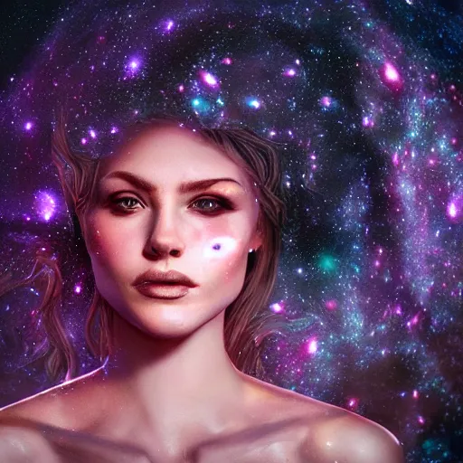 Image similar to woman portrait made out of galaxies floating in space, saturn, highly detailed, beautiful, realistic, epic comic book art, unreal engine, octane render