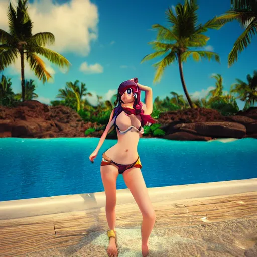 Prompt: beautiful render of pool party Caitlyn (league of legends) looking at the horizon in a hawaii beach, 3d, octane render, realistic, highly detailed, trending on artstation