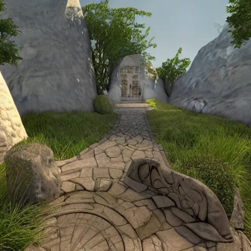 Image similar to riven, the sequel to Myst, 3d render, photorealistic