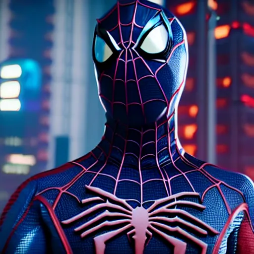 Image similar to futuristic spiderman ps 4 suit in cyberpunk 2 0 7 7, cyberpunk style spiderman, fantasy, d & d, elegant