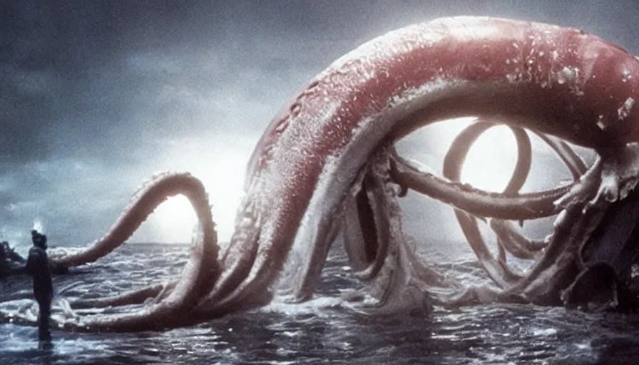 Prompt: Big budget horror movie where a giant squid is injected with radioactive mutation serum