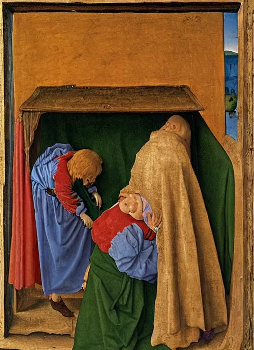 Image similar to Unconscious 10 years old boy dressed in some rags curled up into a ball, he clung to the side of the wagon, medieval painting by Jan van Eyck, Florence