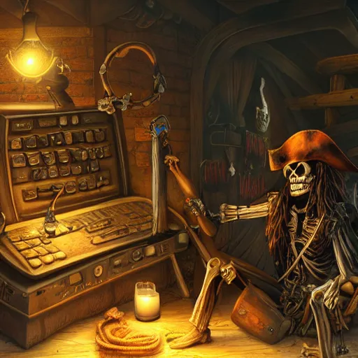 Image similar to a pirate skeleton with a pirate hat sitting in front of a laptop programming, dark room, light coming from crt monitor, highly detailed, intricate, digital art, trending on artstation, trending on cgsociety