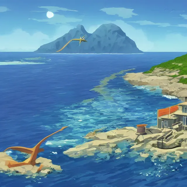 Image similar to a remote island research station in the middle of the ocean, rhads!!!, ominous, digital science fiction realism, archipelago!!, urban fantasy, saturday morning cartoon, clean linework, ( alexander archipenko ), western animation