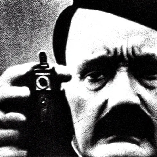 Image similar to hitler pointing a gun to his head while crying, close - up shot