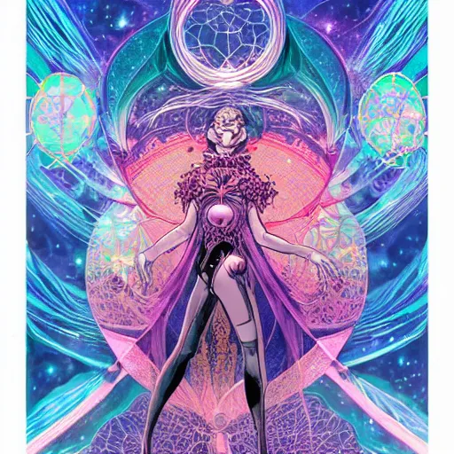 Image similar to the empress by travis charest and laurie greasley, yoshitaka amano, hiroshi yoshida, cosmic energy by Kelly McKernan, detailed, kaleidoscope, psychedelic, cosmic energy by Kelly McKernan, yoshitaka amano, hiroshi yoshida, moebius, artgerm, cool tone pastel rainbow colors, inspired by dnd, iridescent aesthetic, centered symmetrical and detailed