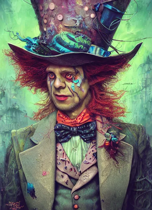 Image similar to mad hatter, solarpunk style, highly detailed, cinematic, 8 k, by megan duncanson, benjamin lacombe, adrian borda, stanley artgermm, tom bagshaw, craig mullins, carne griffiths, ayami kojima, beksinski, giger, trending on deviantart, hyper detailed, horror, full of colour