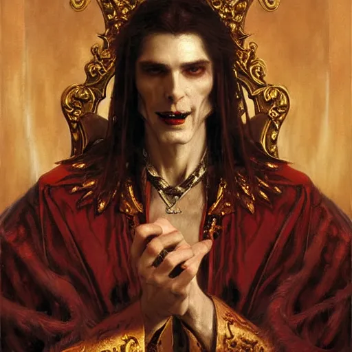 Image similar to perfectly centered portrait of attractive vampire king in a robe sitting on a throne of bones, highly detailed painting by gaston bussiere, craig mullins, j. c. leyendecker, 8 k