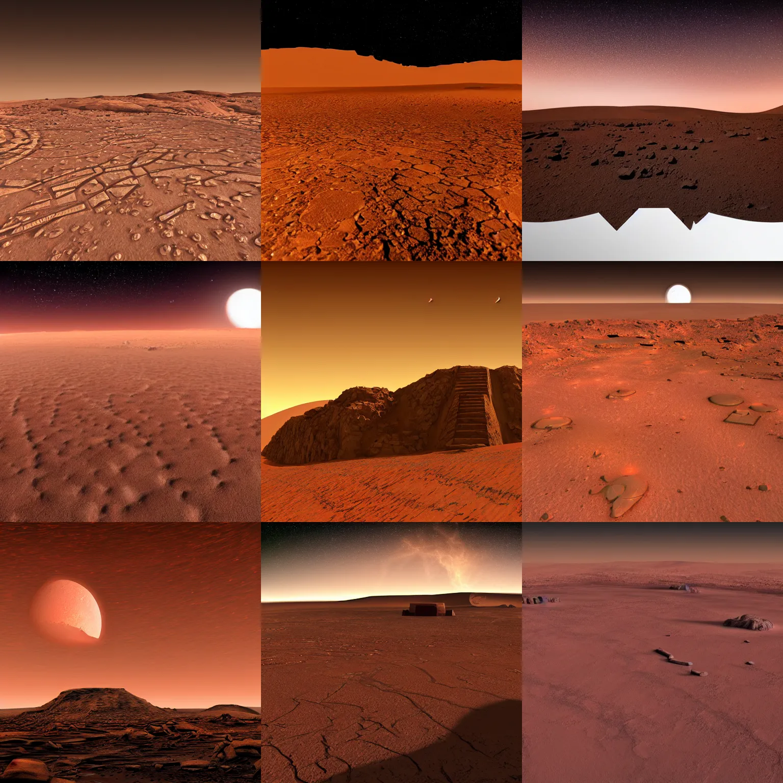 Prompt: ruins of an ancient city on mars late at night, view from high, stars, two moons, red martian dunes, night, dark, photorealistic