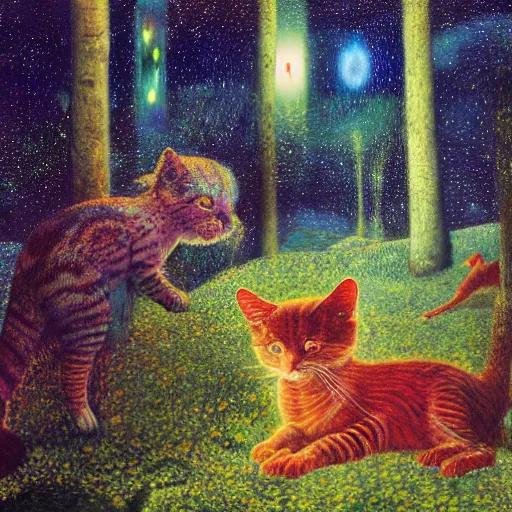 Prompt: psychedelic small cats hidden lush pine forest, outer space, milky way, designed by arnold bocklin, jules bastien - lepage, tarsila do amaral, wayne barlowe and gustave baumann, cheval michael, trending on artstation, star, sharp focus, colorful refracted sparkles and lines, soft light, 8 k 4 k