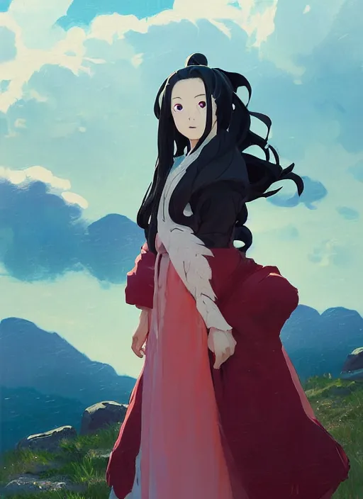 Image similar to portrait of Nezuko from Demon Slayer Anime, countryside, calm, fantasy character portrait, dynamic pose, above view, sunny day, thunder clouds in the sky, artwork by Jeremy Lipkin and Giuseppe Dangelico Pino and Michael Garmash and Rob Rey, very coherent asymmetrical artwork, sharp edges, perfect face, simple form, 100mm