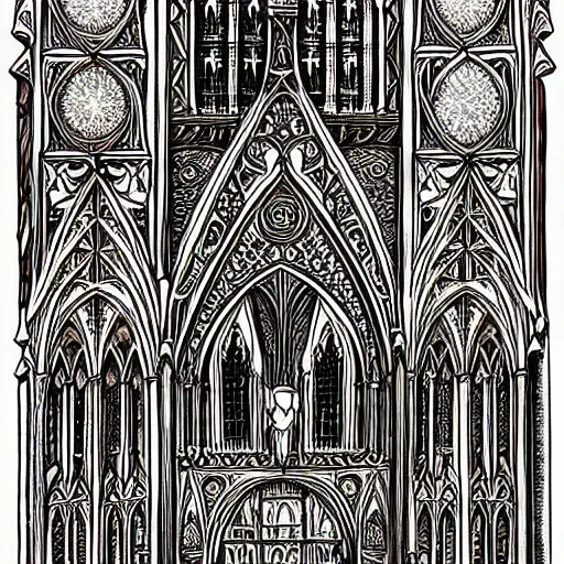 Prompt: An intricate gothic illustration of a big cathedral, vibrant orange line work, tarot, intricate details, symmetry