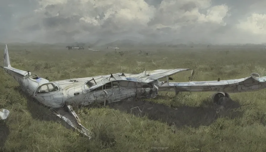 Image similar to Dusty abandoned airport covered by vegetation with a plane crashing on it, hyperdetailed, artstation, cgsociety, 8k