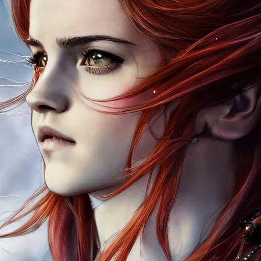 Image similar to emma watson as a long - red - haired female knight as an absurdly beautiful, elegant, young sensual anime girl,, ultrafine hyperrealistic detailed face illustration by kim jung gi, irakli nadar, intricate linework, sharp focus, bright colors, matte, final fantasy, unreal engine highly rendered, global illumination, radiant light, intricate environment