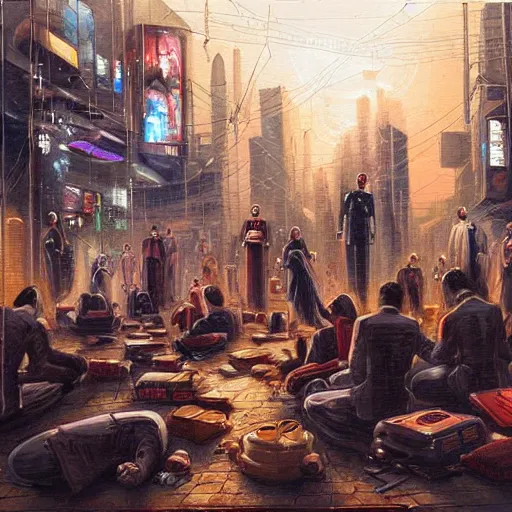 Image similar to beautiful detailed religious oil painting of a war between robotic cyborg Street kids and business people in suits, cyberpunk