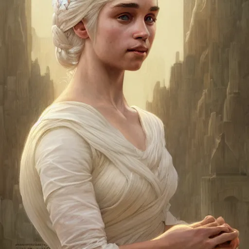 Image similar to portrait of daenerys, intricate, elegant, highly detailed, digital painting, artstation, concept art, smooth, sharp focus, illustration, art by artgerm and greg rutkowski and alphonse mucha and william - adolphe bouguereau