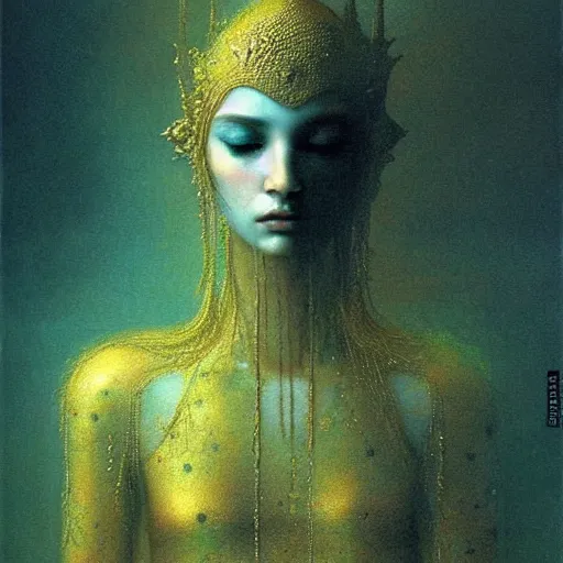 Image similar to portrait of ethereal young dragon princess in golden armour by Beksinski