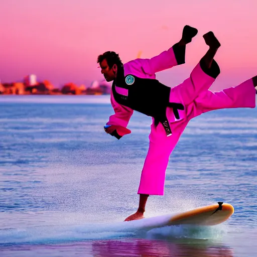 Prompt: a karate person in a karate outfit surfing on a river of pink fur