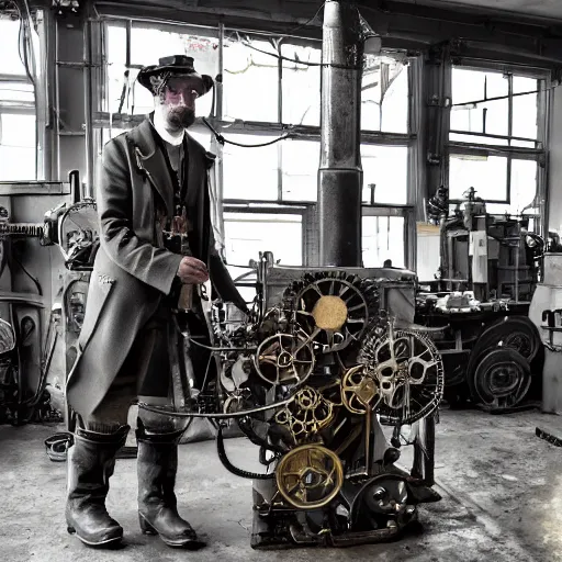 Image similar to steampunk industrialist working on a motor and feeling eureka