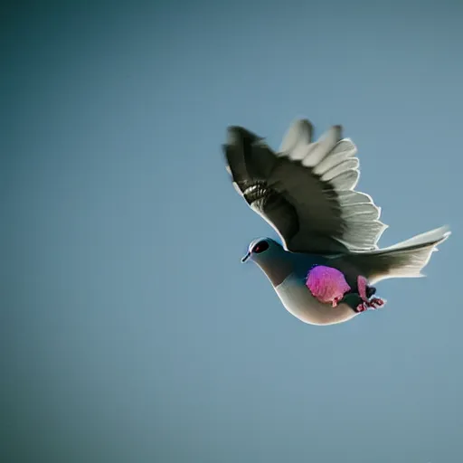 Prompt: pigeon!!!!!!!!!!!!! carrying!!!!!!!!! usb!!!!!! flying!!!!!!! photo photography soft focus