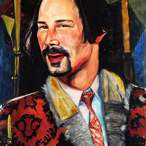 Prompt: a deliriously happy king Keanu Reeves, portrait oil painting by Otto Dix, oil on canvas (1921)