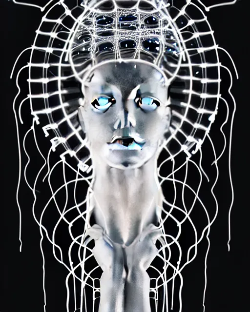 Prompt: black and white cyborg-jellyfish goddess high quality photo, microchip, artificial intelligence, bio-mechanical bio-luminescence, black wired cables, neurons, nerve cells, octane render, cinematic, rim light, hyper realism, photo-realistic, high detail, 8k, masterpiece, high fashion, in the style of Steven Meisel and Dora Maar and H.G. Giger