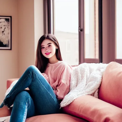 Image similar to selfie photograph of a cute young woman, red blush, wearing casual clothes, small smile, relaxing on a couch, cozy living room, medium shot, 8 k, trending on instagram, trending on pinterest, portra 4 0 0