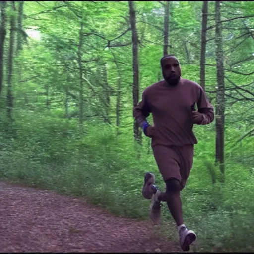 Image similar to trailcam footage of kanye west running in the forest