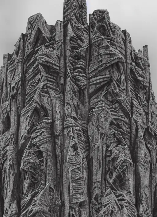 Image similar to a highly detailed brutalist concrete buidling carved into a rock face mountain, fog, mist, brutalist architecture, gothic, art deco, hyperrealism, highly detailed, intricate, cinematic, symmetrical and centered, front facing camera, cinematic, epic lighting, octane nvidia omniverse render in 4 k by james gurney, greg rutkowski, artstation