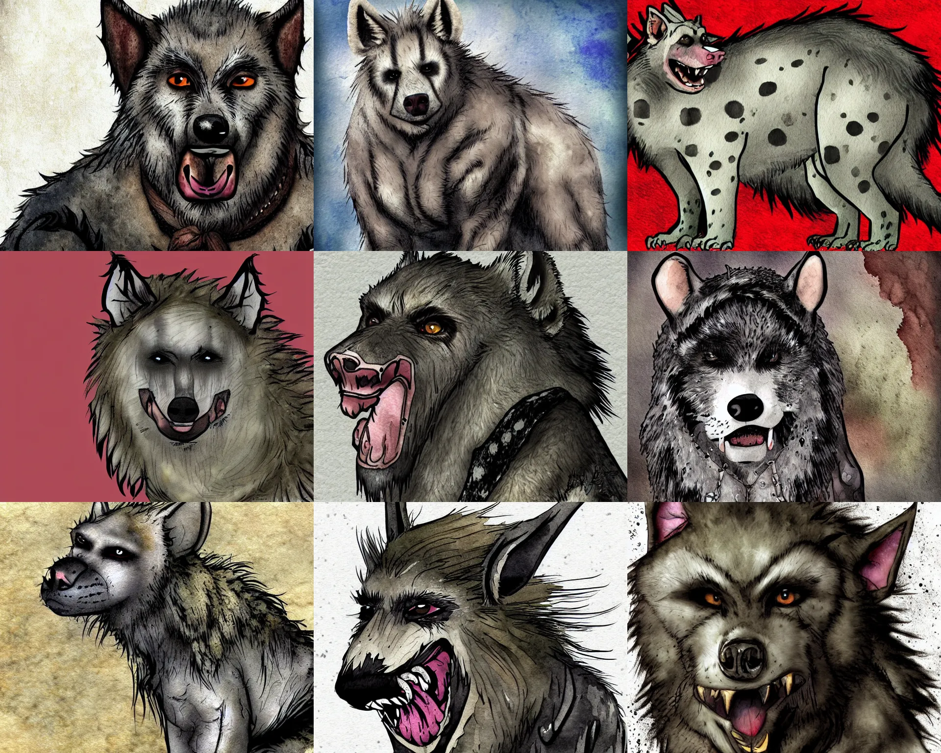 Prompt: fantasy digital art ( in the style of a gothic watercolor painting ) of a good ol'gnoll boy with fluffy white spots covering his fur.