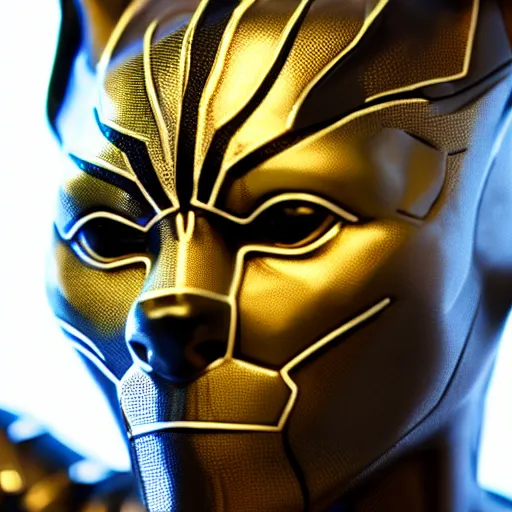 Image similar to a close up photo of a detailed golden statue of Black Panther, 8K,