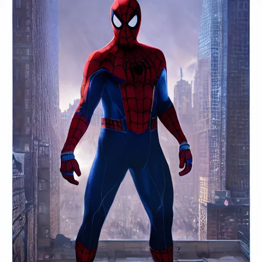 Image similar to ryan reynolds as spider - man, wearing a black and blue suit, cinematic, volumetric lighting, f 8 aperture, cinematic eastman 5 3 8 4 film, photorealistic by greg rutkowski, by stanley artgerm, by alphonse mucha