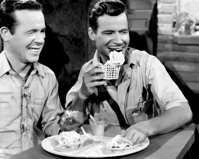 Prompt: Wally Cleaver eating a taco icecream on Leave It To Beaver, black and white television still