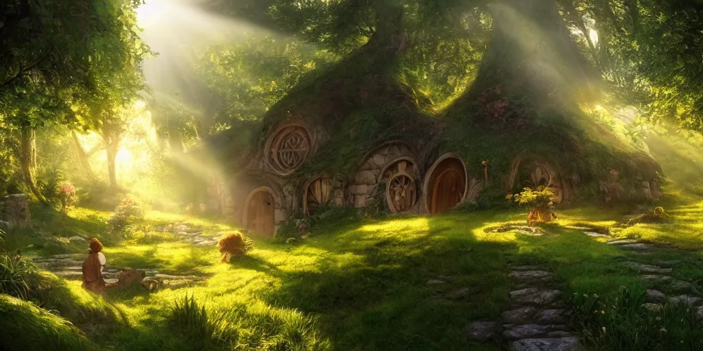 Prompt: ambience, atmosphere, sunbeams, lush and beautiful concept art for the shire and hobbit houses, lord of the rings, peter jackson, studio ghibli, detailed, realistic lighting, volumetric lighting, golden hour,