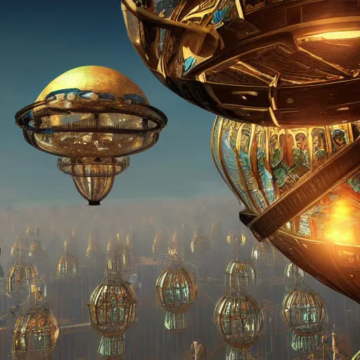 Image similar to enormous flying city in a faberge egg, sky, steampunk, fantasy art, unreal engine,