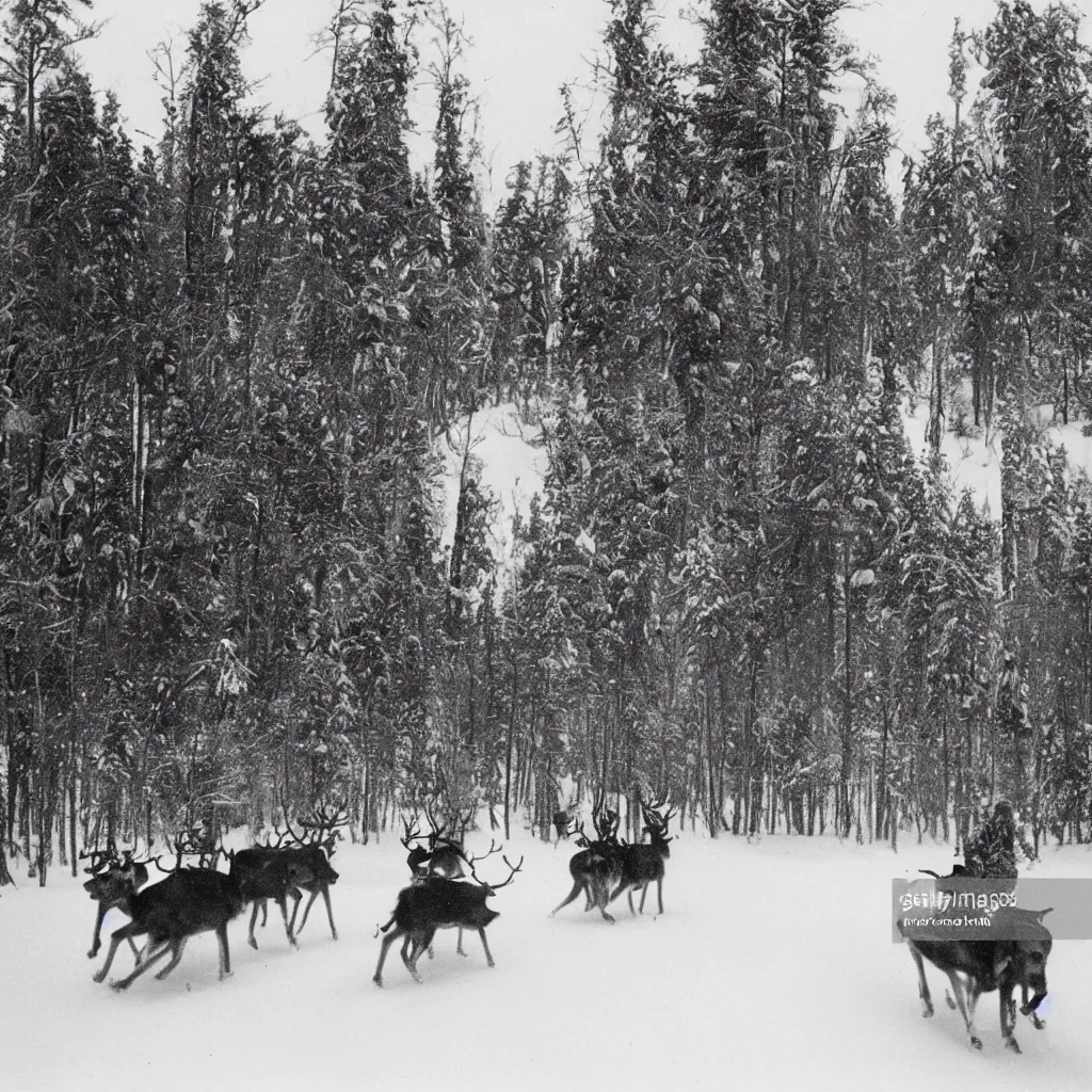 Image similar to world's first photo of man herding reindeer while driving a snowmobile, spruce forest surroundings, mildly snowy atmosphere, cold, winter, 1 9 2 3, finland