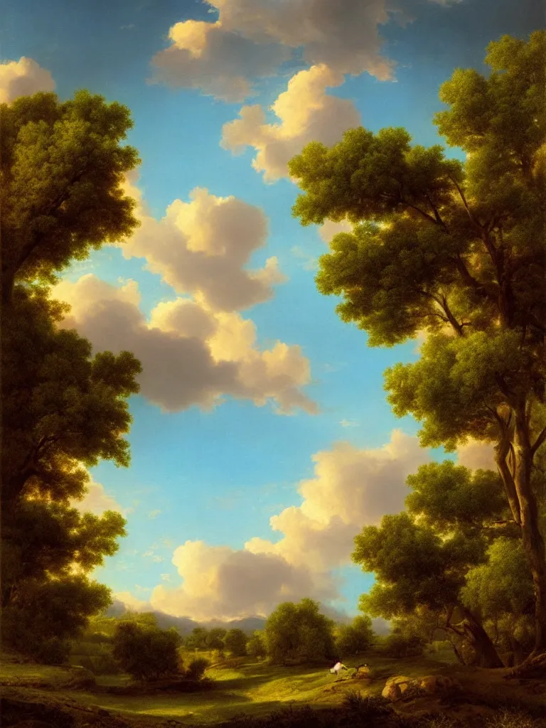 Prompt: serene candy color puffy cloud sky, Digital Matte Illustration b asher brown durand