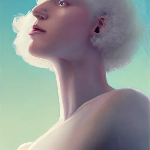 Image similar to a portrait of a beautiful androgynous blond man, albino pale white skin and long fluffy curly blond hair, Center parted curtain bangs, close up view, head and upper body, looking upward, fullface, light from above, by Peter Mohrbacher, trending on artstation, 8k