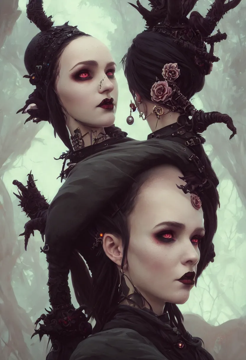 Image similar to beautiful extreme closeup portrait, goth girl, piercings collar, mohawk hairstyle, medieval dress. witch, makeup. unreal engine, greg rutkowski, loish, rhads, beeple, tom bagshaw, alphonse mucha, global illumination, detailed and intricate environment