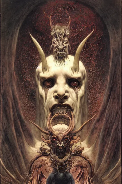 Image similar to a portrait of goetoc demon bune by wayne barlowe, gustav moreau, goward,  Gaston Bussiere and roberto ferri, santiago caruso, and austin osman spare, ((((occult art))))