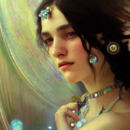 Prompt: a beautiful black haired young lady, adorned with precious stones by jeremy mann and alphonse mucha, photo realistic, dynamic lighting, windy, artstation, poster, dreamy, volumetric lighting, ethereal, 4 k, high detail