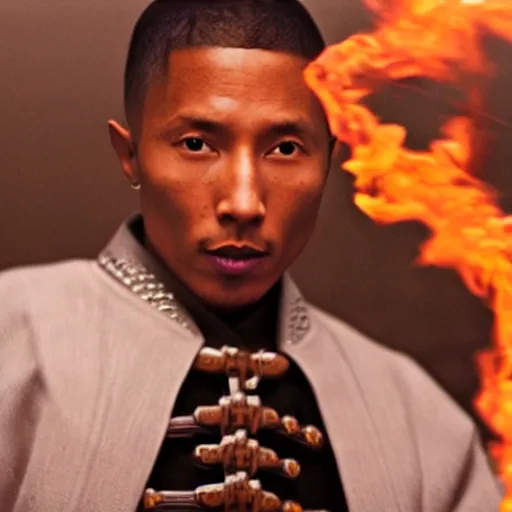 Image similar to cinematic film still Pharrell Williams starring as a Samurai holding fire, Japanese CGI, VFX, 2003, 40mm lens, shallow depth of field,film photography