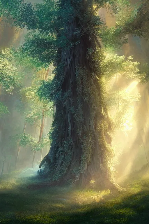 Prompt: a fairy huge sequoia, iridescent crystals on the ground, rays of light, atmospheric, matte-painting, trending on artstation