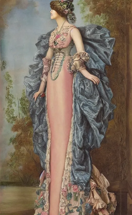 Prompt: a lady with a maximalist imperial long dress made of illustrated houses. soft pastel tones. matte background