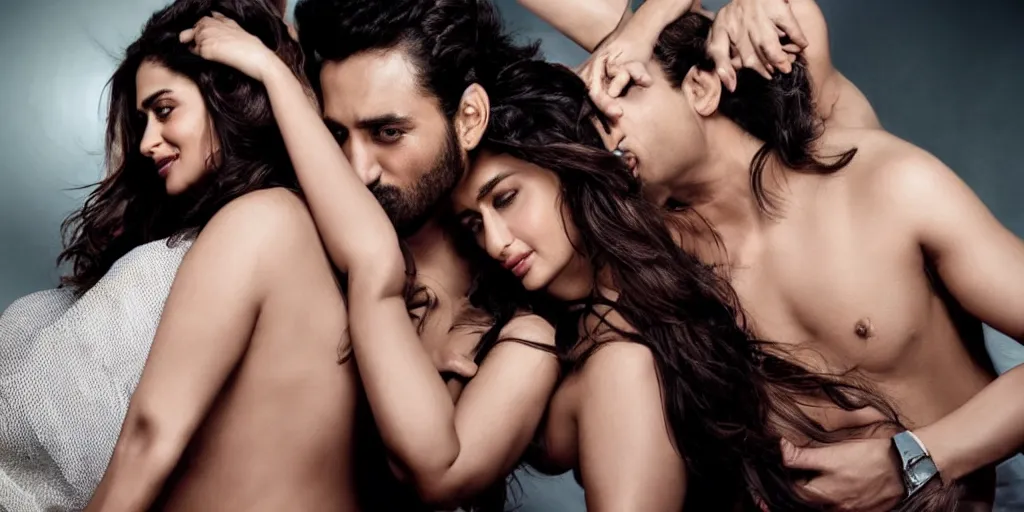 Prompt: kareena kapoor make threesome the bed, natural lighting, hyper detailed, photographic, cinematic lighting, studio quality.