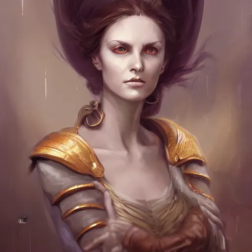 Image similar to a detailed matte head - on portrait painting of an middle - aged tiefling noblewoman with golden eyes and short well kept hair, by charlie bowater, lise deharme, wlop, tending on arstation, dungeons and dragon, dnd, pathfinder, fanart, oil on canvas
