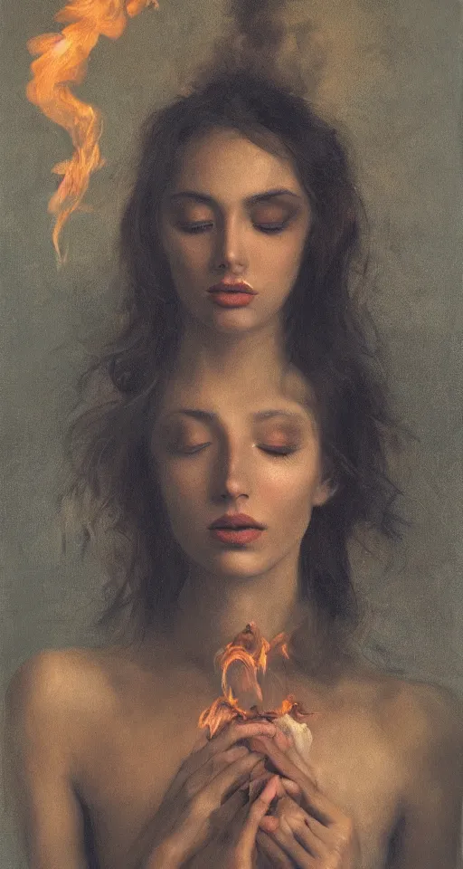 Image similar to a portrait of a beautiful woman with smoke and fire coming out of her eyes, a masterpiece