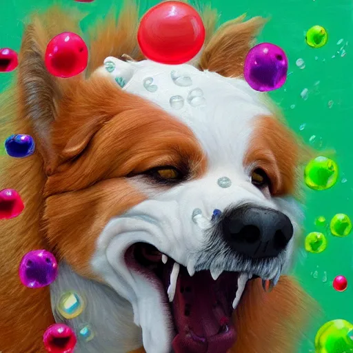 Image similar to high detail oil painting of a rabid dog, foaming with happy face bubbles, trending on artstation