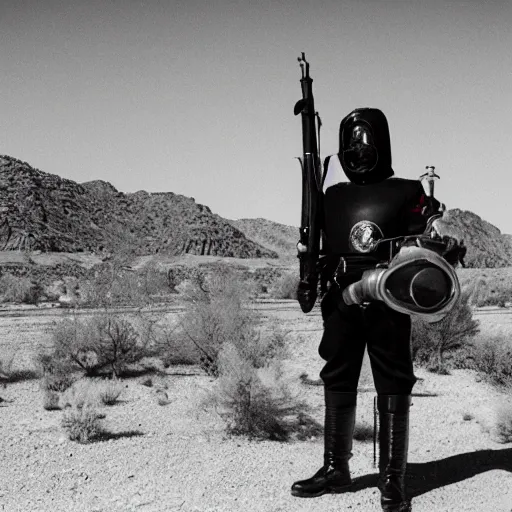 Image similar to the queens guard wearing a gasmask, in the desert, film still, arriflex 3 5